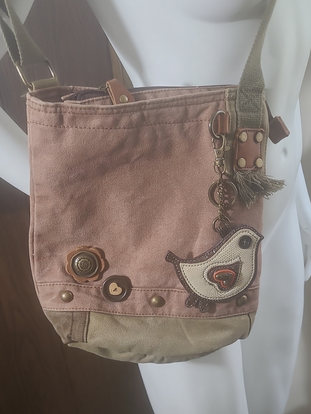 Chala Pinkish Brown Canvas Crossbody with Bird Accent